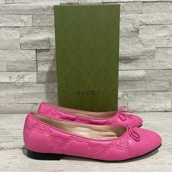GUCCI Monogram Pink Quilted Matelasse Leather GG Bow Ballet Flats SZ 37.5 $920 - Picture 2 of 16